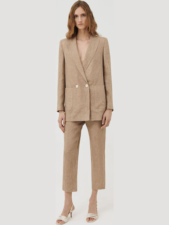 Marella Meteora Linen Blazer Μακρύ Γυναικείο Σταυρωτό Σακάκι Μπεζ
