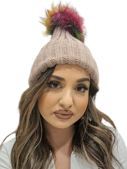 Pom Pom Beanie Frauen Beanie mit Rippstrick in Rosa Farbe