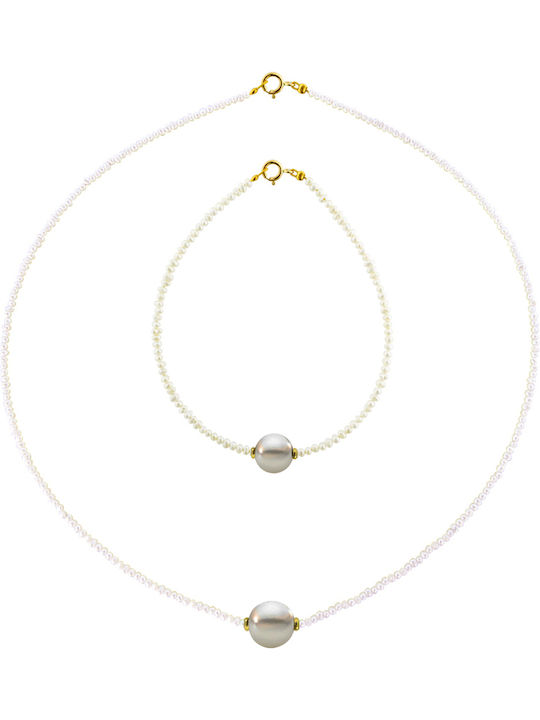 Gold Set Bracelet & Necklace with Pearls 14K