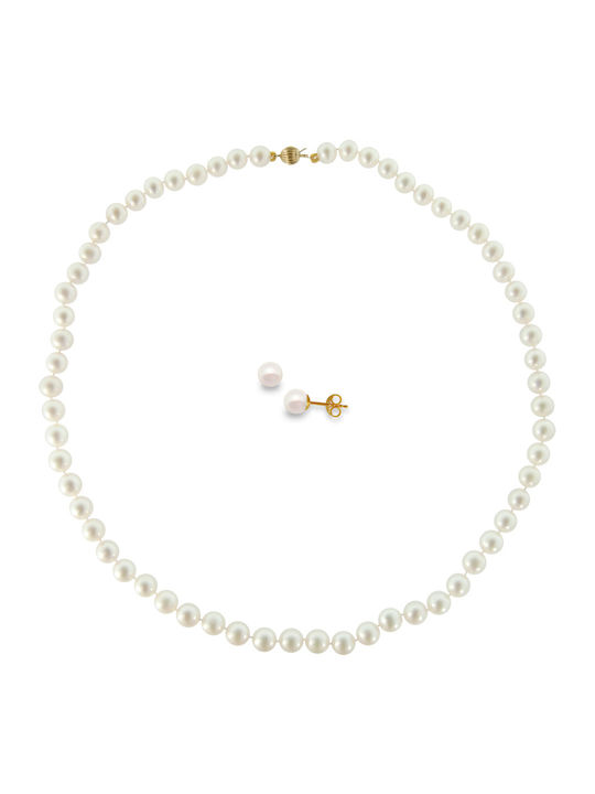 Gold Set Necklace & Earrings with Pearls 14K