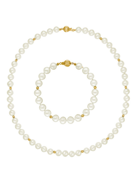 Gold Set Necklace & Bracelet with Pearls 14K