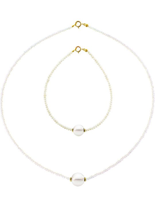 Gold Set Bracelet & Necklace with Pearls 14K