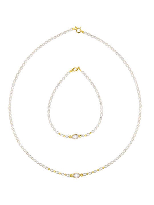 Gold Set Necklace & Bracelet with Pearls 14K