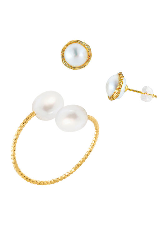 Margaritari Set mit Ohrringe & Ring aus Silber Vergoldet mit Perlen