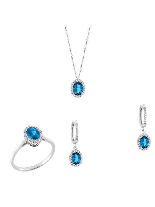 White Gold Set Ring , Necklace & Earrings with Stones 18K