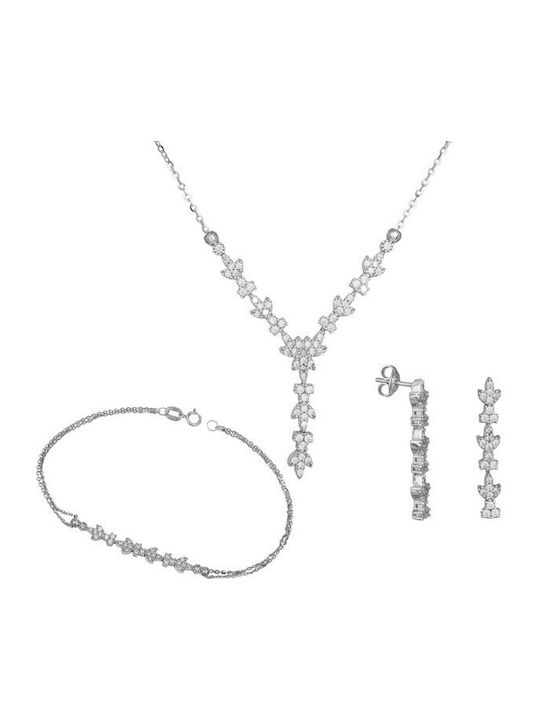 White Gold Set Bracelet , Necklace & Earrings with Stones 9K