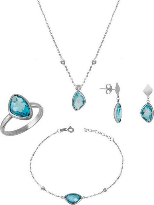 Set cu Colier , Cercei & Inel din Aur alb 14K cu Pietre