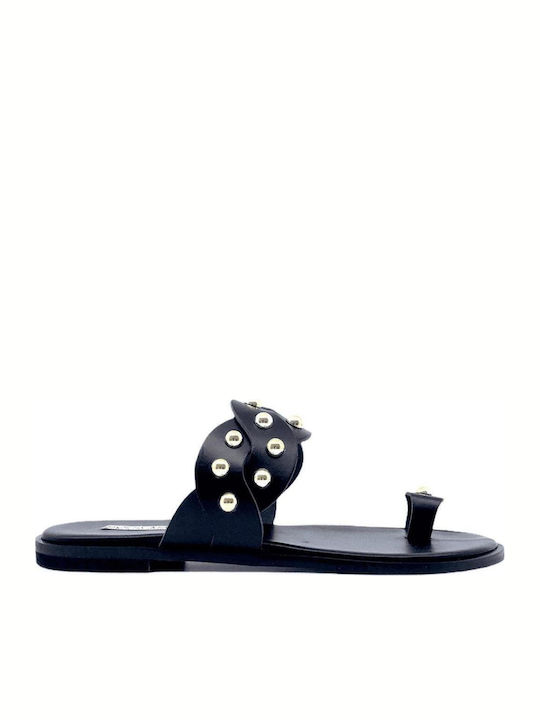 Leder Flache Sandalen für Damen in Schwarz Farbe