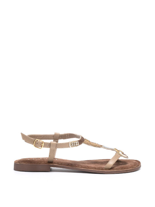 Lazamani Leder Damen Flache Sandalen in Beige Farbe