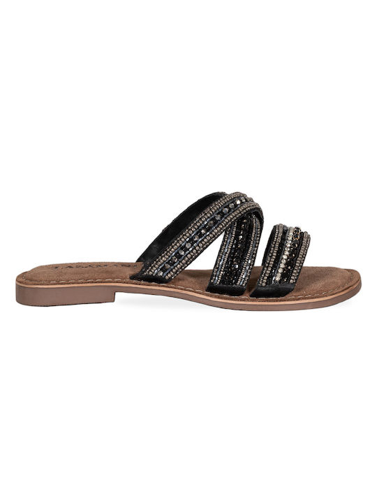 Lazamani Leather Women's Flat Sandals in Black Color