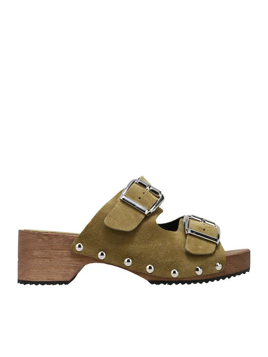 Margot Suede Mules με Χοντρό Χαμηλό Τακούνι σε Πράσινο Χρώμα