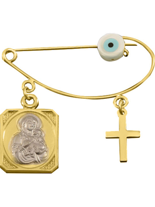 Child Safety Pin made of Gold and White Gold 9K with Cross and Icon of the Virgin Mary