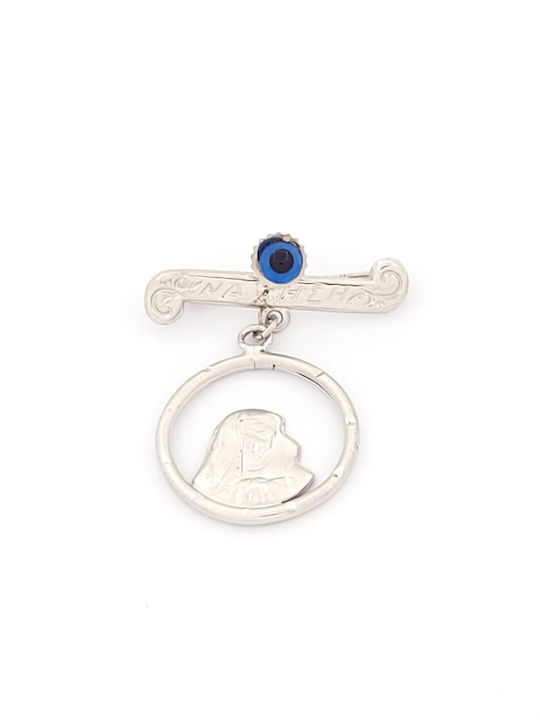 Child Safety Pin made of White Gold 14K with Icon of the Virgin Mary for Boy
