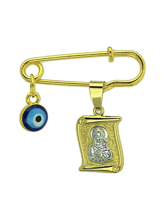 Child Safety Pin made of Gold and White Gold 9K with Icon of the Virgin Mary