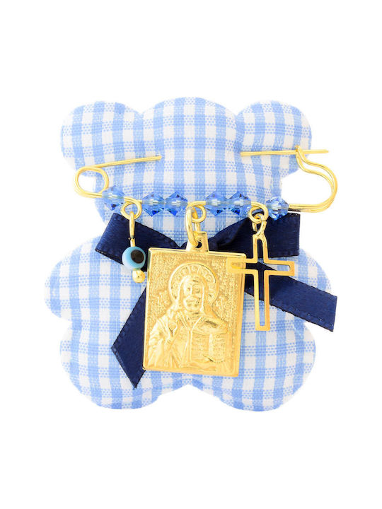 Child Safety Pin made of Gold Plated Silver with Cross and Constantinato for Boy