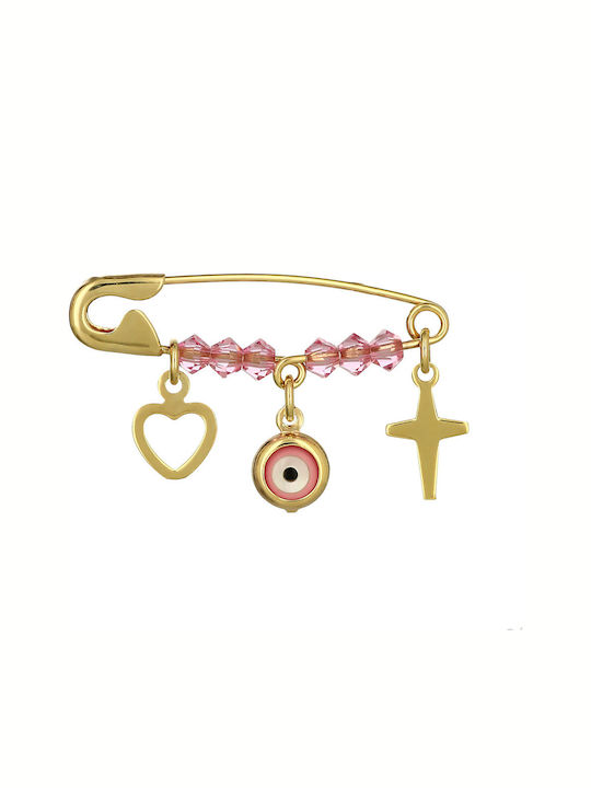 Child Safety Pin made of Gold 9K with Cross for Girl