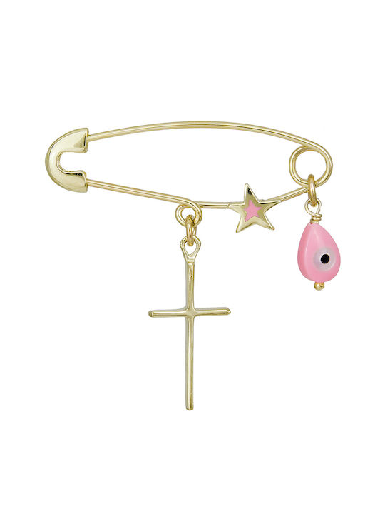 Child Safety Pin made of Gold 9K with Cross for Girl