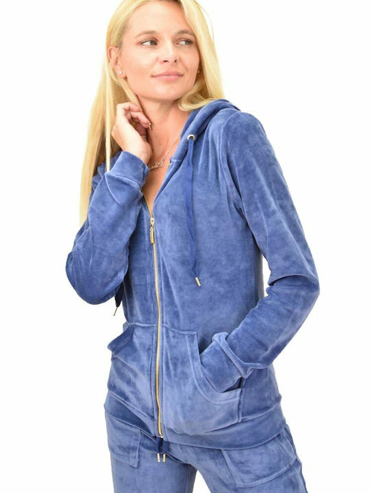 First Woman Women's Hooded Velvet Cardigan Blue