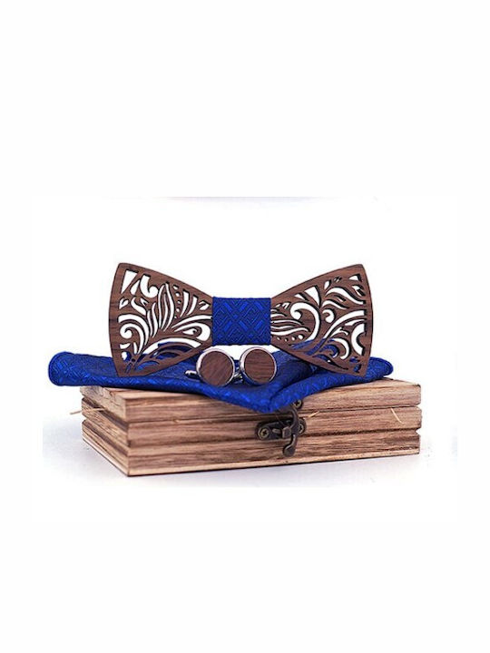 Wooden Bow Tie Set with Cufflinks and Pochette Blue