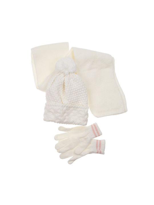 Kids Beanie Set with Scarf & Gloves Knitted Beige