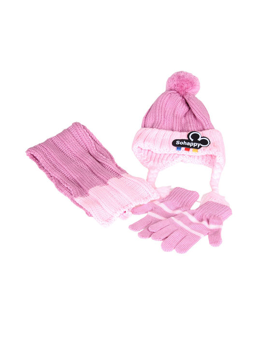 Set Căciulă Copil cu Eșarfă & Mănuși Tricotat Roz