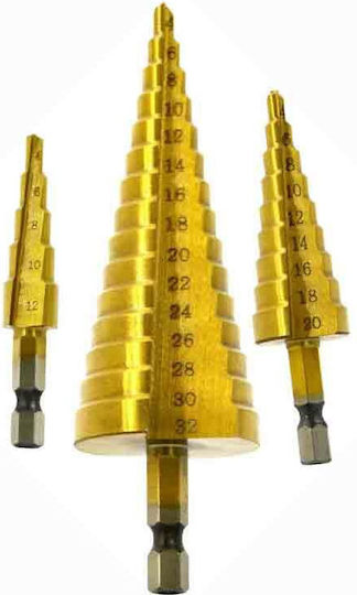 Set of 3 Conical Drills Titanium with Hexagonal Shank for Metal 12-32mm