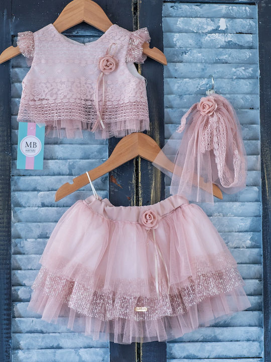 Mak Roz Set de Haine de Botez cu Accesorii pentru păr , Tricou & Echipat din Dantelă 3buc