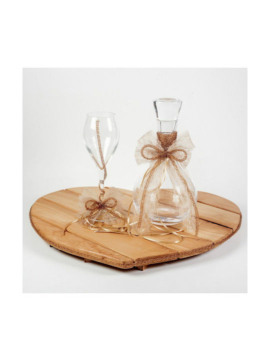 Crystal / Wooden Wedding Set with Decanter & Wine Glass on Tray Beige 3pcs