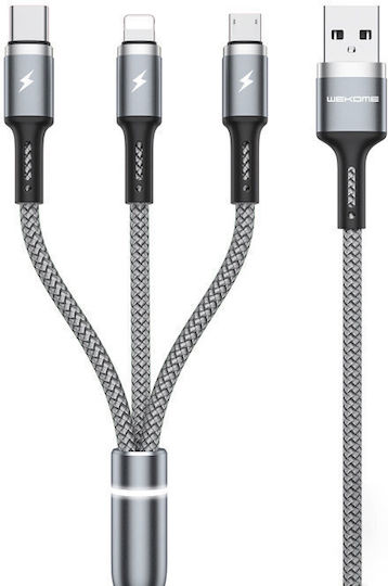 WK Series Braided Cablu USB la Lightning / Type-C / micro USB cu mai multe porturi 2.4A Gri 1.2m (WK-WDC-119_SILVER)