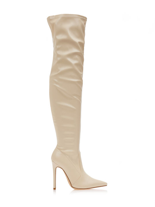 Over the Knee High Heel Women's Boots with Zipper Beige