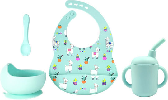 Queen Mother Feeding Set Llama made of Silicone with Non-Slip Base Turquoise 4pcs for 6+ months