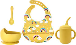 Queen Mother Feeding Set Ουράνια Τόξα made of Silicone with Non-Slip Base Yellow 4pcs