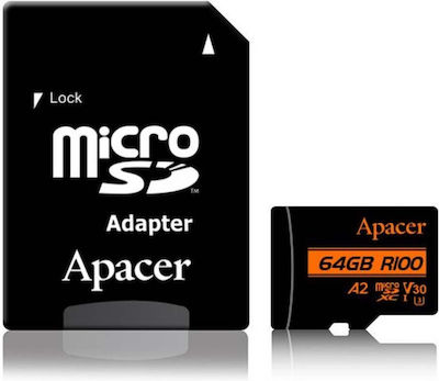 Apacer SDXC 64GB Clasa 10 U3 V30 A2 UHS-I cu adaptor