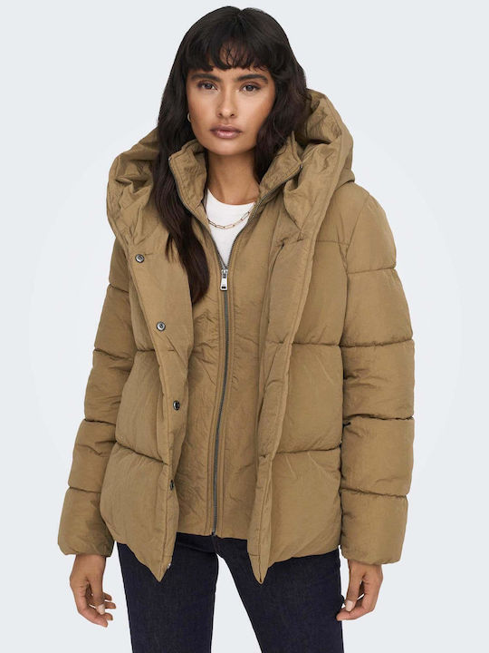 Only Women's Short Puffer Jacket for Winter with Hood Brown