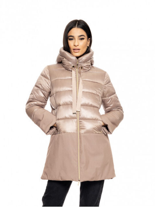 Biston Women's Short Puffer Jacket for Winter with Hood Beige