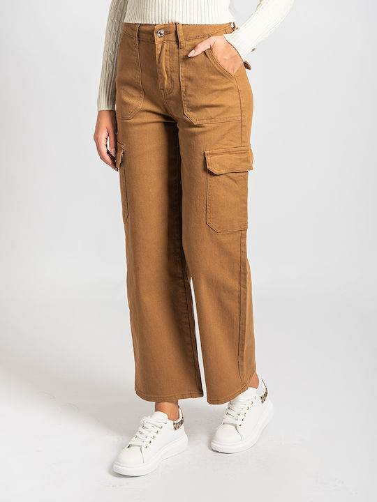 InShoes Μονόχρωμο Women's Denim Cargo Trousers in Slim Fit Brown