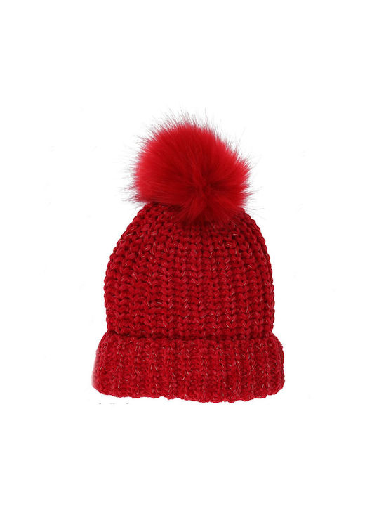 Pom Pom Beanie Unisex Σκούφος Πλεκτός σε Κόκκινο χρώμα