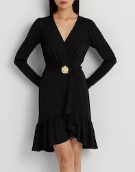 Ralph Lauren Dress Mini Rochie Înfășurați cu Volane Negru