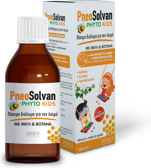 Rener PneoSolvan Phyto Kids Sirop vegetal pentru dureri de gât și tuse, Miere & Plante cu aromă de Căpșuni pentru Tuse Uscată și Productivă Miere 150ml