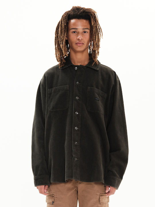 Μακρυμάνικo Κοτλέ Overshirt σε Κανονική Γραμμή Λαδί