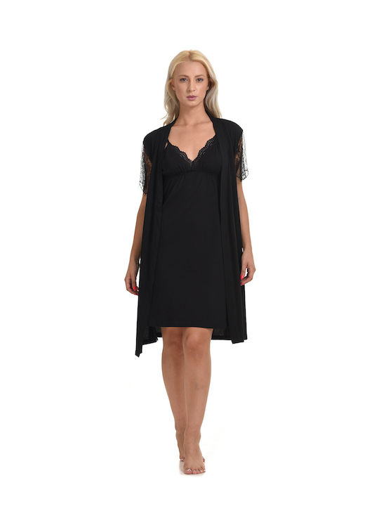 Vienetta Secret Winter Cotton Women's Nightdress Black Vienetta Vienetta