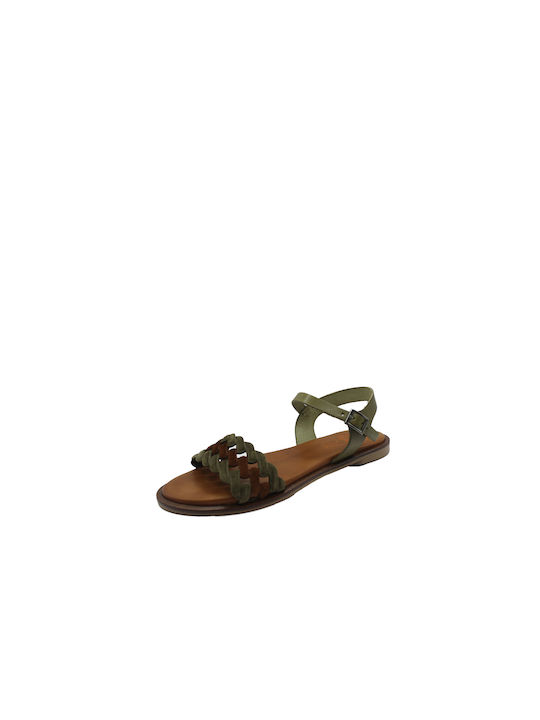 Porronet Leather Women's Flat Sandals in Khaki Color