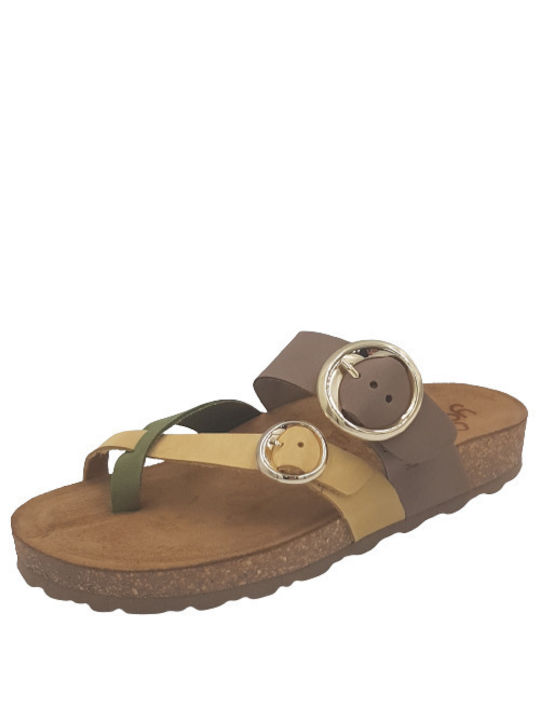 Yokono Jerba-122 Leather Women's Flat Sandals Anatomic Olive green/Yellow/Brown