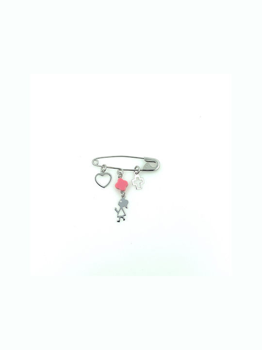 Kids White Gold 9K Safety Pin Charm with Cross for Girl