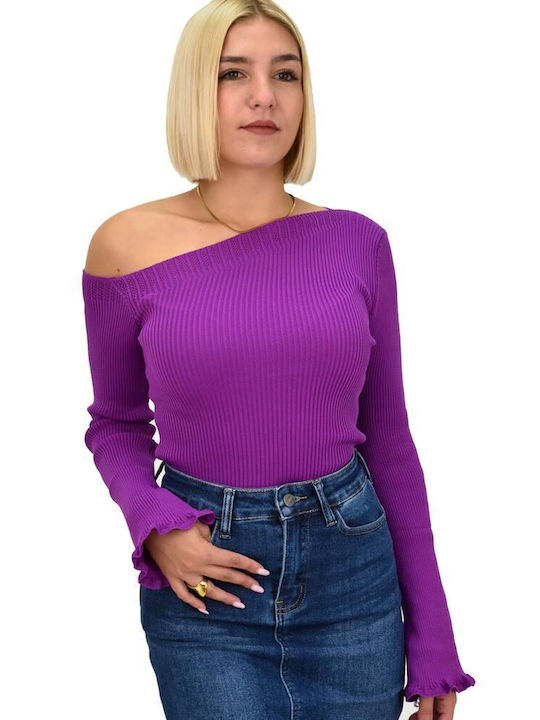 Γυναικεία Μπλούζα Off-Shoulder Μακρυμάνικη Μωβ
