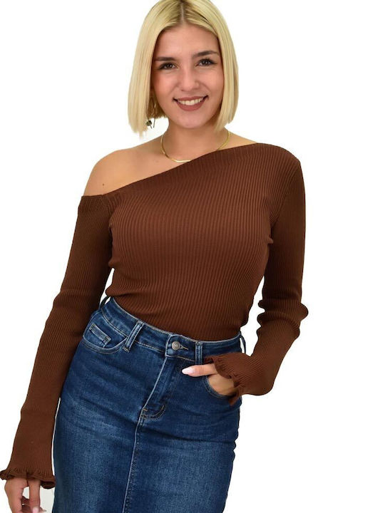 Damen Bluse Schulterfrei Langärmelig Braun