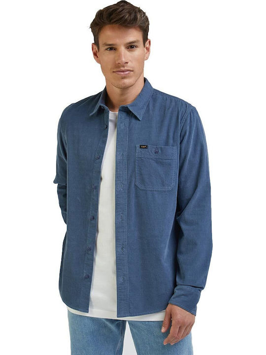Overshirt Mânecă Lungă Din Catifea Raiată În Linie Regular Fit Albastru