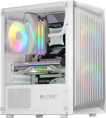 Logic Atos Gaming Mini Tower Computer Case with Window Panel and RGB Lighting White