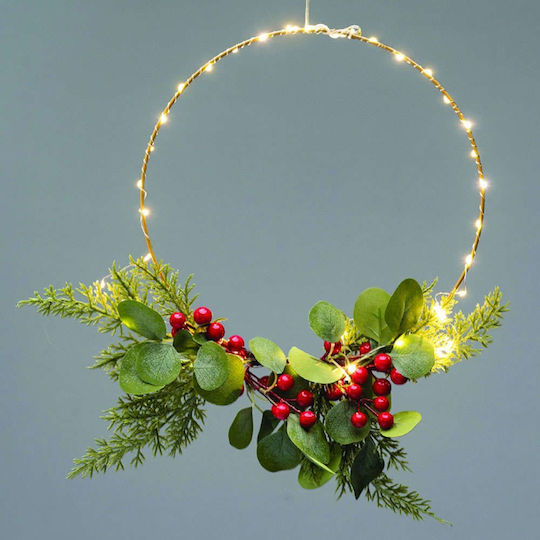 Aca Christmas Lighted Decorative Wreath Battery Powered 30cm Ring Leaves Berries