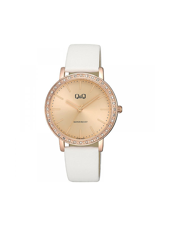 Q&Q Watch Battery with White Leather Strap